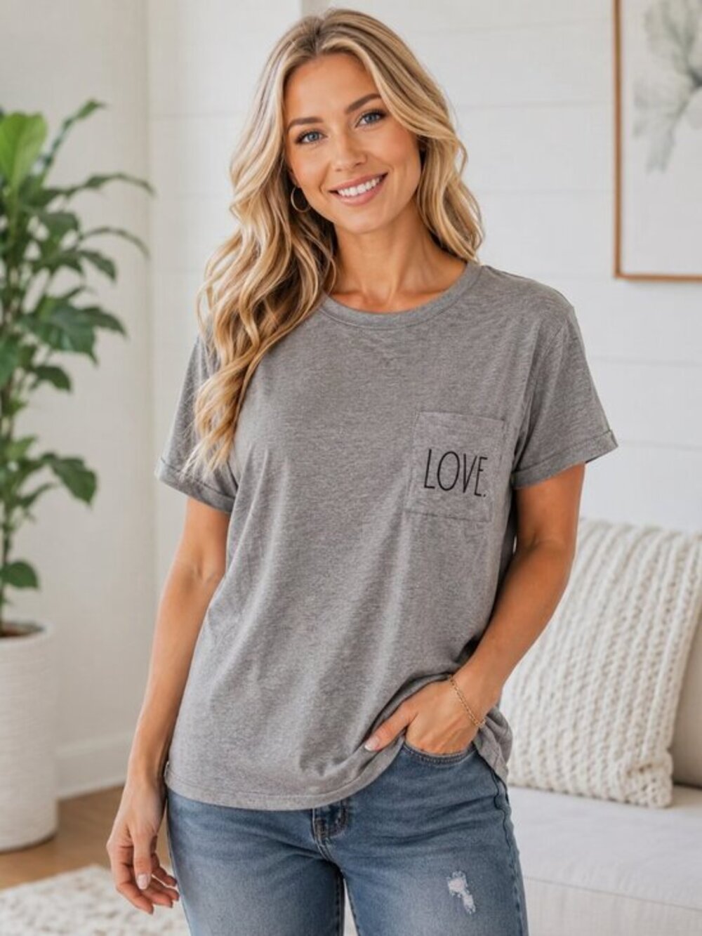 Rae Dunn LOVE Gray Pocket Tee Short Sleeve Women’s NWT